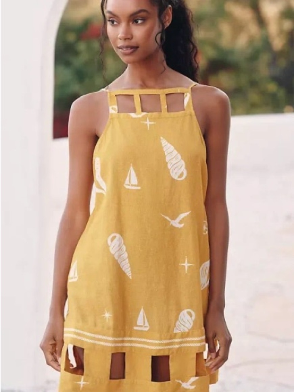 Mustard Yellow Printed Midi Dress with Ladder Neckline